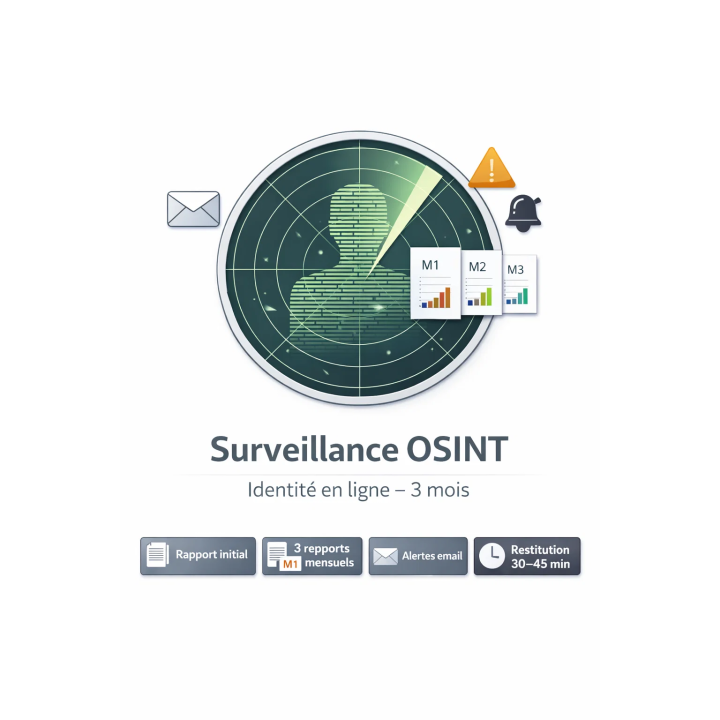 Surveillance identité en ligne OSINT (3 mois) | Alertes + rapports